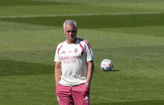 Jose Mourinho, head coach of Real Madrid, looks on during the Real Madrid training session held in collaboration with A.D. Alcorcon at Alfredo Di Stefano stadium on July 24, 2026, in Valdebebas, Madrid, Spain.