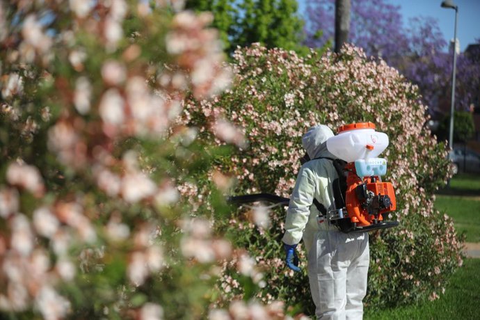 Archivo - Arquivo - Um funcionário dá início aos trabalhos de fumigação e tratamento de bueiros contra o mosquito para prevenir o vírus do Nilo, em 11 de maio de 2021. No Parque Municipal Adolfo Cantalejo Suárez, em Coria del Río (Sevilha). Andaluzia