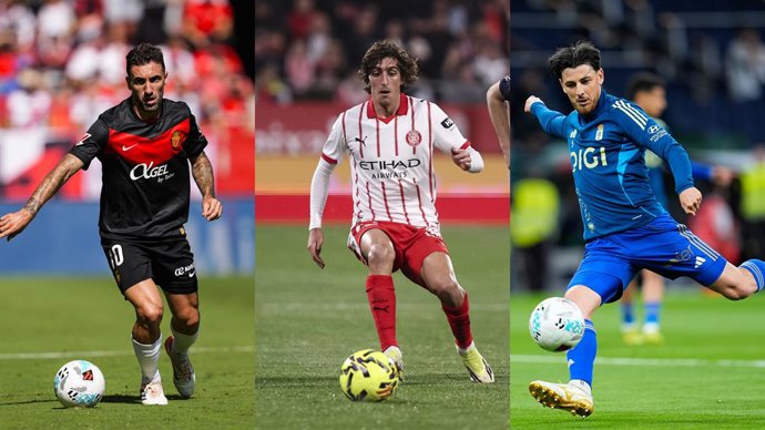 Montaje con los jugadores Sergi Darder (Mallorca), Bryan Gil (Girona) y Alberto Reina (Real Oviedo).