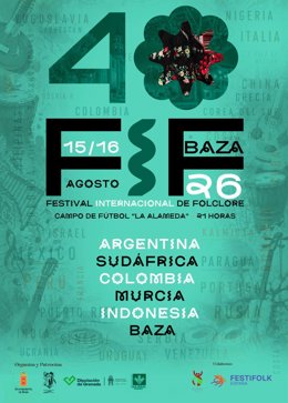 Cartel del 40 Festival Internacional de Folklore que se celebra el 15 y 16 de agosto en la ciudad granadina con acceso gratuito para el público asistente.