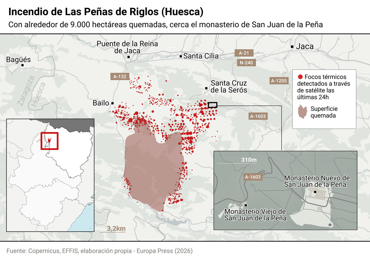 El incendio de Las Peñas de Riglos cerca el monasterio de San Juan de la Peña