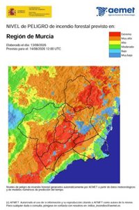 El nivel de riesgo de incendio forestal este viernes es extremo en la Cuenca de Mula y Guadalentín