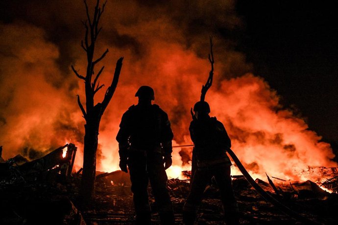 August 11, 2026, Zaporizhzhia, Ukraine: State Emergency Service of Ukraine rescuers extinguish a large-scale fire that broke out following a massive combined Russian strike on Zaporizhzhia, Ukraine, on August 11, 2026. Overnight on August 11, Russian forc