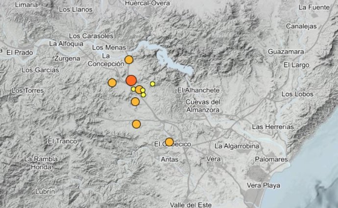 Mapa con la localización de los movimientos sísmicos registrados en el Levante almeriense tras el terremoto de magnitud 3,7 de Zurgena (Almería).