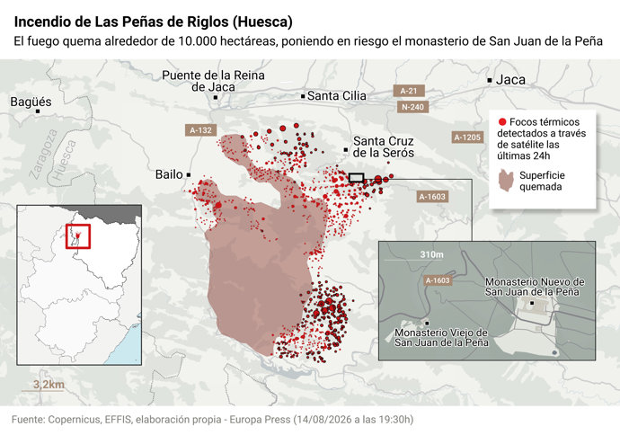 Mapa con extensión del incendio en Las Peñas de Riglos (Huesca)
