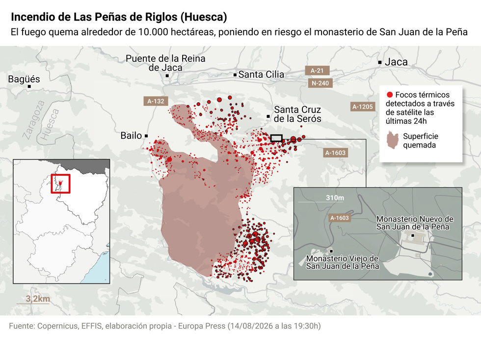 Mapa con extensión del incendio en Las Peñas de Riglos (Huesca)