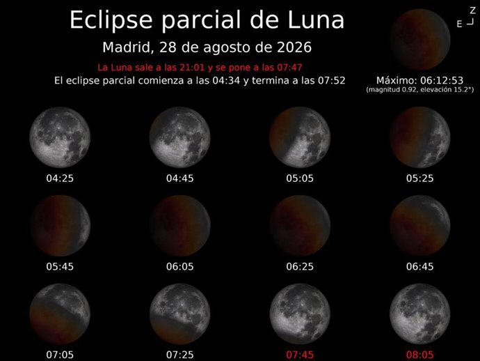 Un eclipse parcial lunar será visible en toda España el día 28 de agosto y se podrá observar a simple vista.