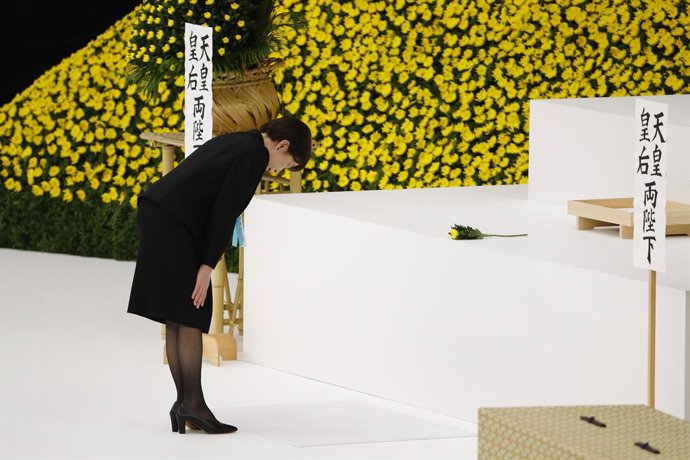August 15, 2026, Tokyo, Japan: Japanese Prime Minister Sanae Takaichi pays her respects during a memorial ceremony marking the 81st anniversary of Japan's surrender in World War II at Nippon Budokan in Tokyo.