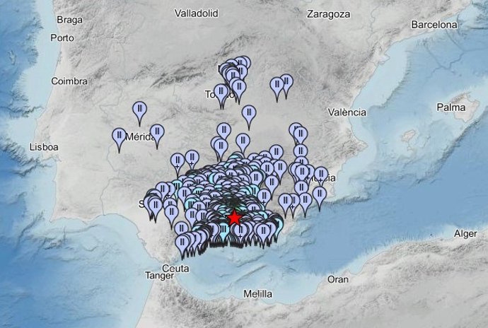 Mapa de intensidades del terremoto que se ha producido en la madrugada del sábado 15 de agosto de 2026 en la localidad granadida de Alhendín.