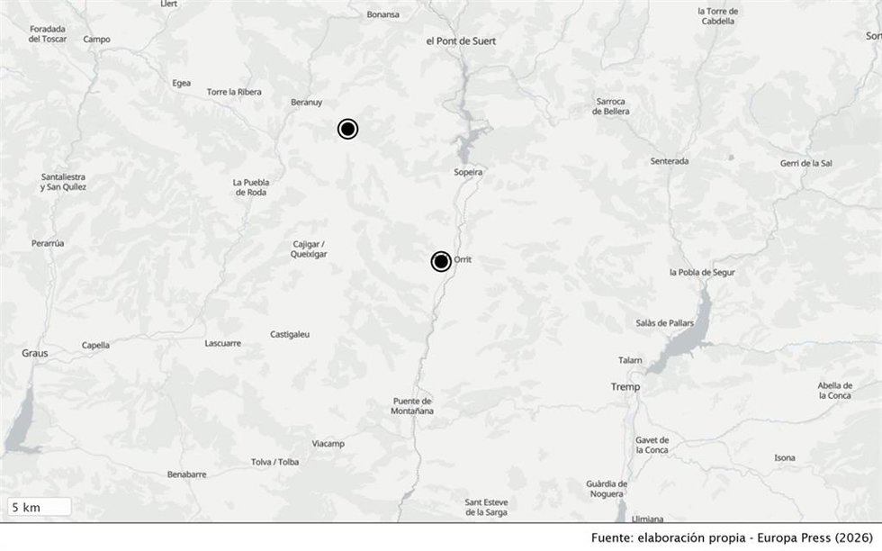 Situación de la Sierra de Sis y del núcleo de Arén (Huesca).