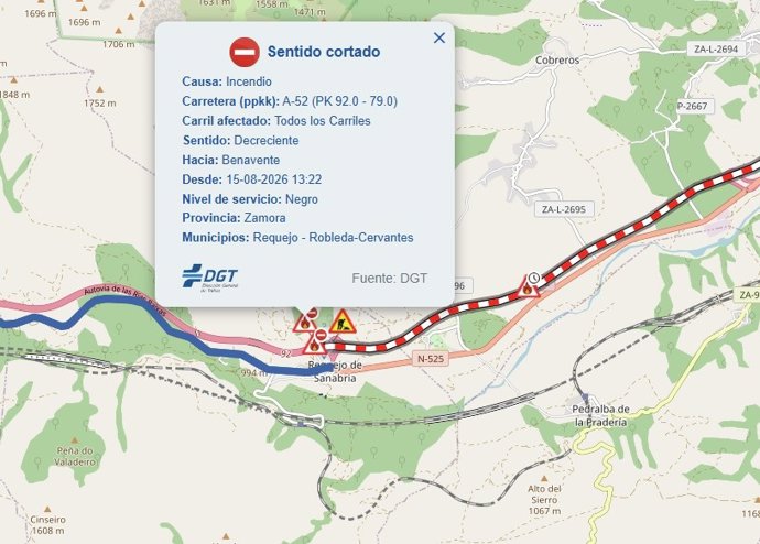 Información en la web de la DGT sobre la A-52.