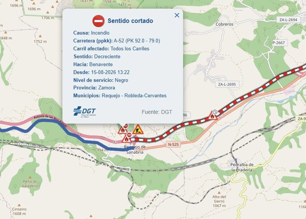 Información en la web de la DGT sobre la A-52.