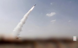 SANAA, Aug. 9, 2026  -- This handout photo provided by Houthi Media Center shows the launch of a missile allegedly toward Mocha in Yemen, on Aug. 9, 2026. At least eight people were killed on Sunday as Yemen's Houthi group launched a wave of missile and d