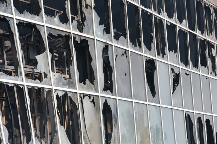 RUSSIA, DONETSK PEOPLE'S REPUBLIC - AUGUST 10, 2026: A fire breaks out after a Ukrainian drone strike on the Galaktika [Galaxy] shopping centre in Makeyevka, east of Donetsk