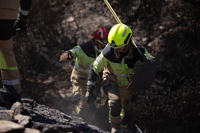 Bomberos trabajan en el incendio de Niebla en el término municipal de Berrocal (Huelva).