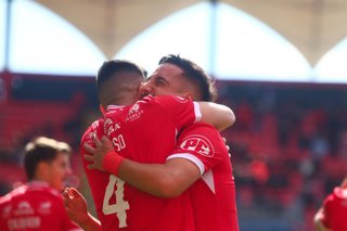 Futbol, Nublense vs Union La Calera Decimo novena fecha, campeonato Nacional Liga de Primera 2026. El Jugador de Nublense Sebastian Valencia celebra el haber convertido un gol durante el partido de primera division disputado en el estadio Nelson Oyarzun