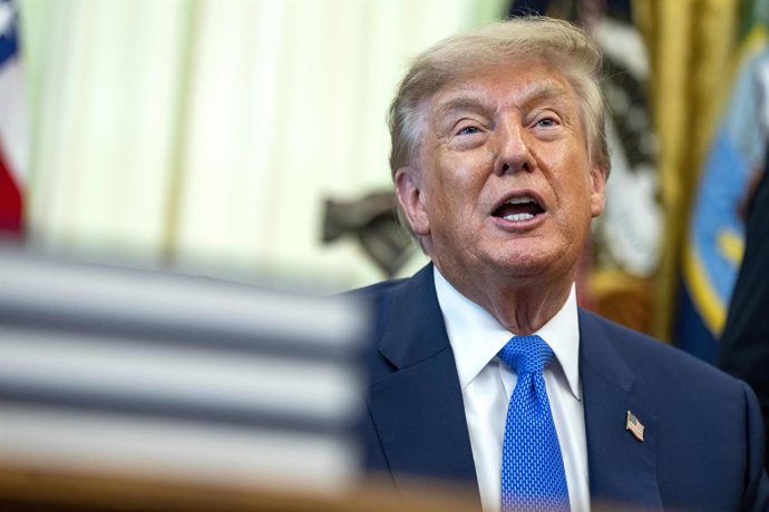 August 10, 2026, Washington, District Of Columbia, USA: United States President Donald J Trump speaks during an executive order signing that reevaluates childhood vaccines in the Oval Office of the White House in Washington, DC on August 10, 2026. While t