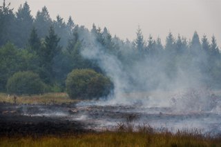 A burned out landscape pictured as a fire rages in the Hautes Fagnes (High Fens) nature reserve, on Sunday 16 August 2026 in Waimes. The fire started on August 14th and 2700 hectares (on a total of 4500) are impacted.