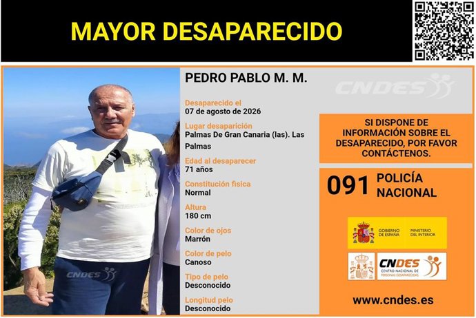 Piden colaboración ciudadana para encontrar a Pedro Pablo M.M., desaparecido en Las Palmas de Gran Canaria