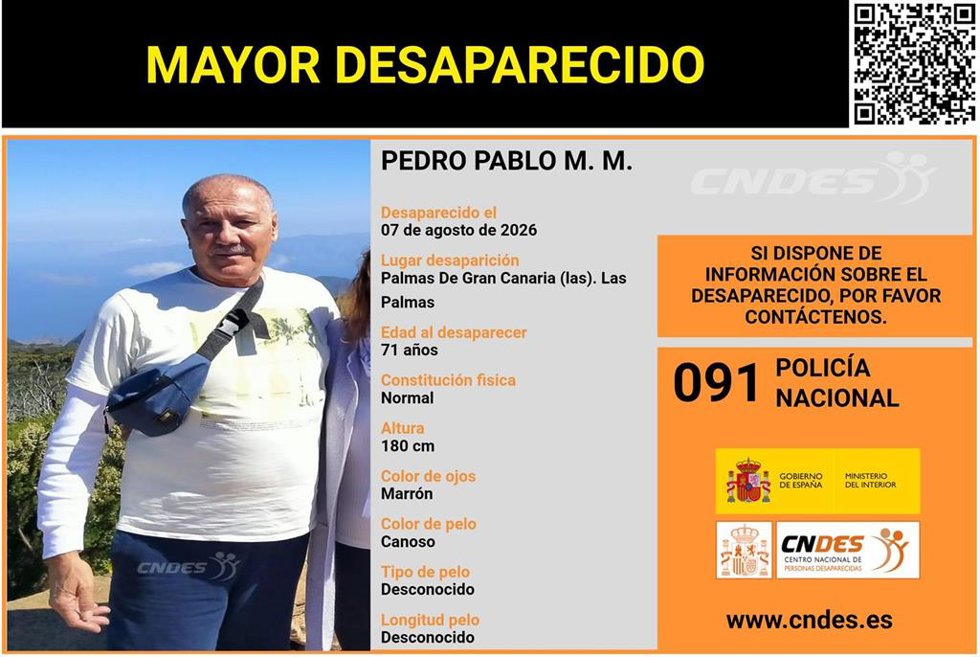 Piden colaboración ciudadana para encontrar a Pedro Pablo M.M., desaparecido en Las Palmas de Gran Canaria
