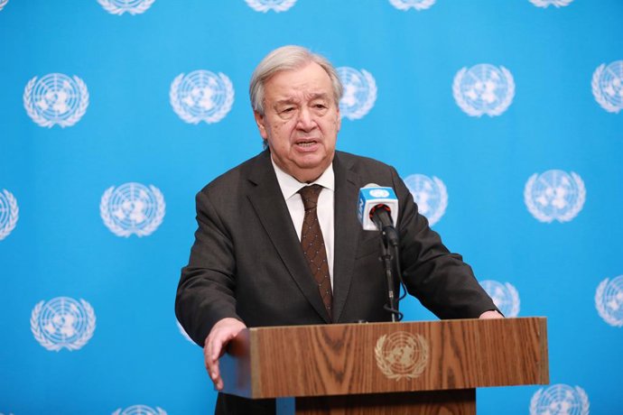UNITED NATIONS, Aug. 1, 2026  -- UN Secretary-General Antonio Guterres speaks at a press encounter at the UN headquarters in New York on July 31, 2026. Guterres said Friday that fighting must stop on all fronts in the Middle East.