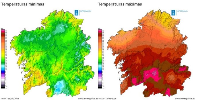 Mapa de temperaturas minimas y máximas en Galicia durante la jornada del 18 de agosto de 2026.