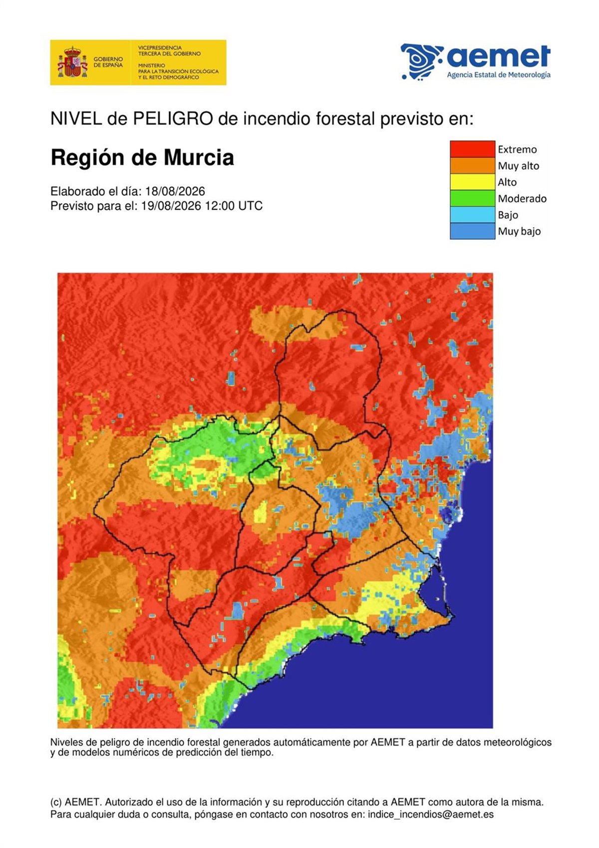 El nivel de riesgo de incendio forestal este miércoles es extremo en la Altiplano y Guadalentín