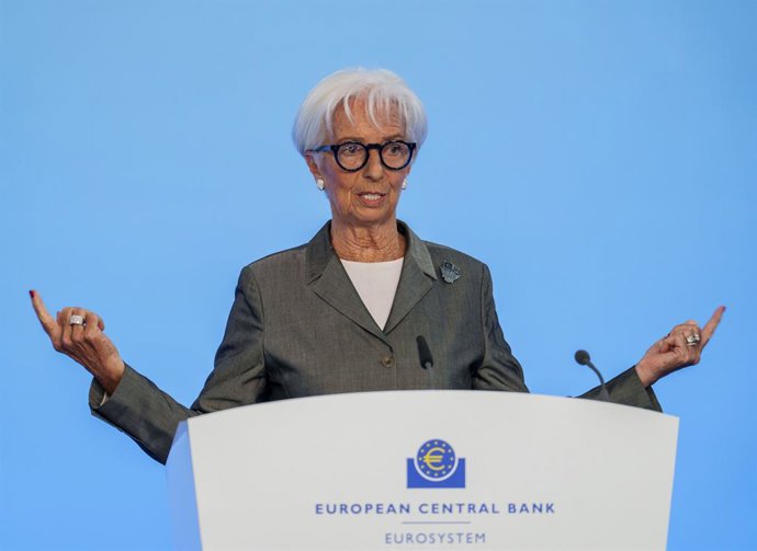 23 July 2026, Hesse, Frankfurt am Main: President of the European Central Bank (ECB) Christine Lagarde speaks at a press conference during the ECB Governing Council meeting. Photo: Andreas Arnold/dpa