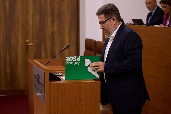 El secretario coordinador del área de Transición Ecológica Justa y Cambio Climático del PSOE-A, Rodrigo Sánchez Haro, en una intervención en el Parlamento andaluz.