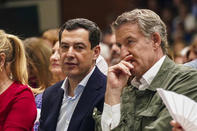 Archivo - El presidente del la Junta de Andalucía, Juanma Moreno, y el presidente del Partido Popular, Alberto Núñez Feijóo, en un acto de campaña