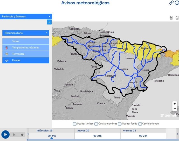 Avisos grocs per pluges en la Conca de l'Ebre pel 19 d'agost de 2026.