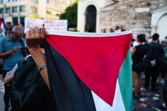 August 9, 2026, Athens, Greece: ATHENS, GREECE - AUGUST 9, 2026: Thousands of people march through central Athens during the ''National Day of Action in Islands, Mountains and Cities'' in support of Palestinians and to protest against Israel's military ac