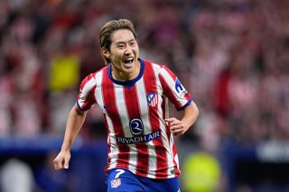 Kang-in Lee of Atletico de Madrid celebrates after scoring his team's first goal during the Spanish League, LaLiga EA Sports, football match played between Atletico de Madrid and Malaga CF at Riyadh Air Metropolitano stadium on August 19, 2026, in Madrid,