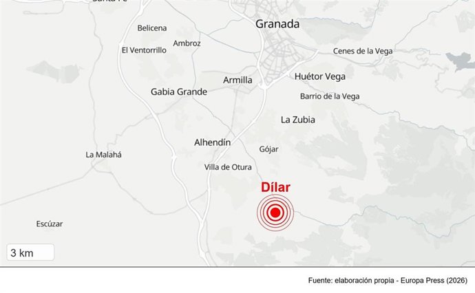 Localización del lugar donde ha tenido epicentro el sismo de magnitud 3,4 registrado en la provincia de Granada