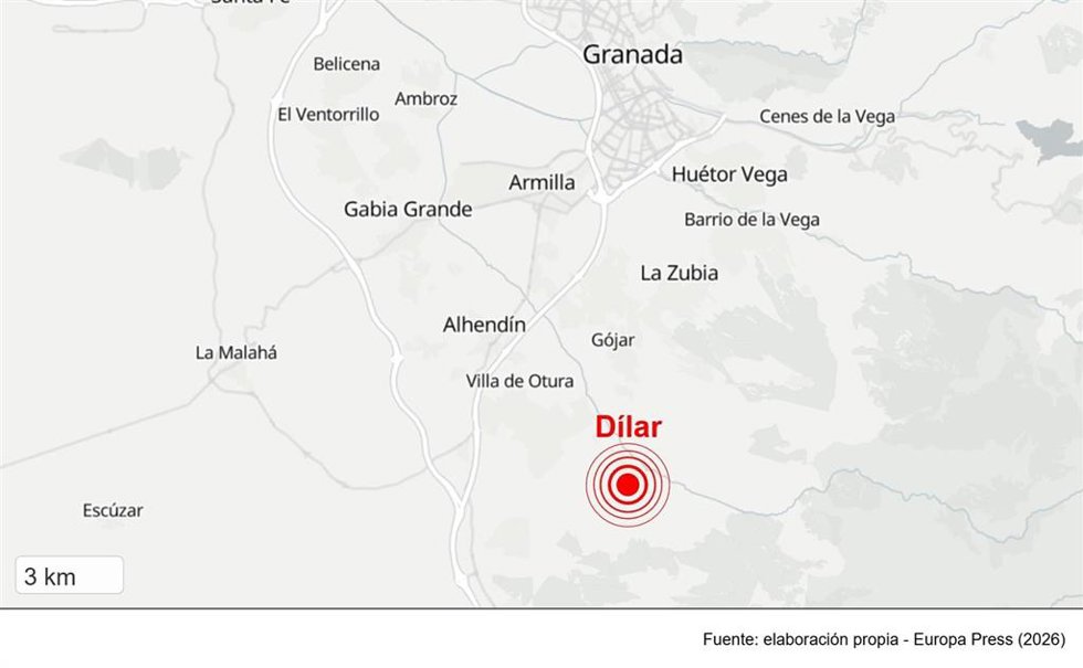 Localización del lugar donde ha tenido epicentro el sismo de magnitud 3,4 registrado en la provincia de Granada