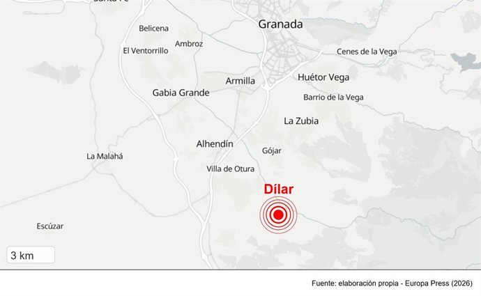Localización del lugar donde ha tenido epicentro el sismo de magnitud 3,4 registrado en la provincia de Granada