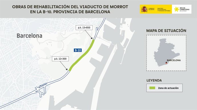 Imatge de les obres de rehabilitació del viaducte del Morrot, en la Ronda del Litoral (Barcelona).