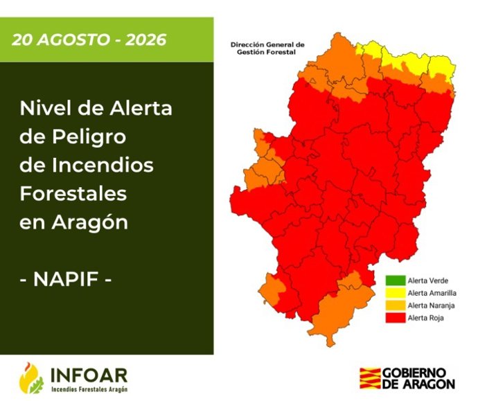 Riesgo de incendios forestales en Aragón para el 20 de agosto de 2026.