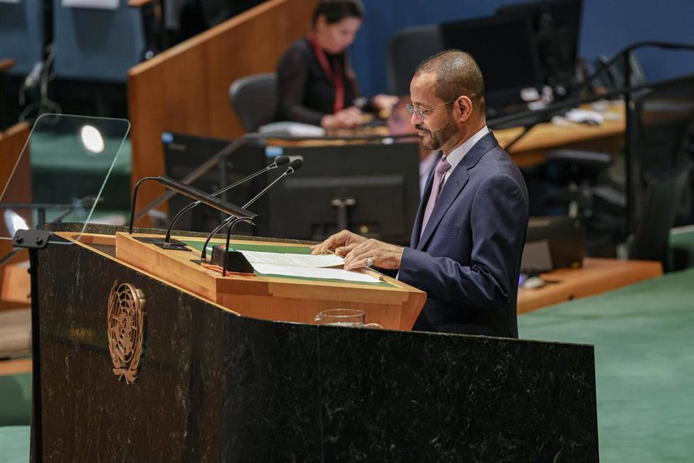 Archivo - El ministro de Exteriores de Omán, Badr Albusaidi, intenviene en Naciones Unidas.