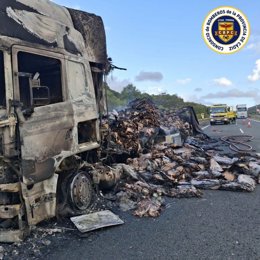 Camión que ha ardido en la A-381 causando retenciones