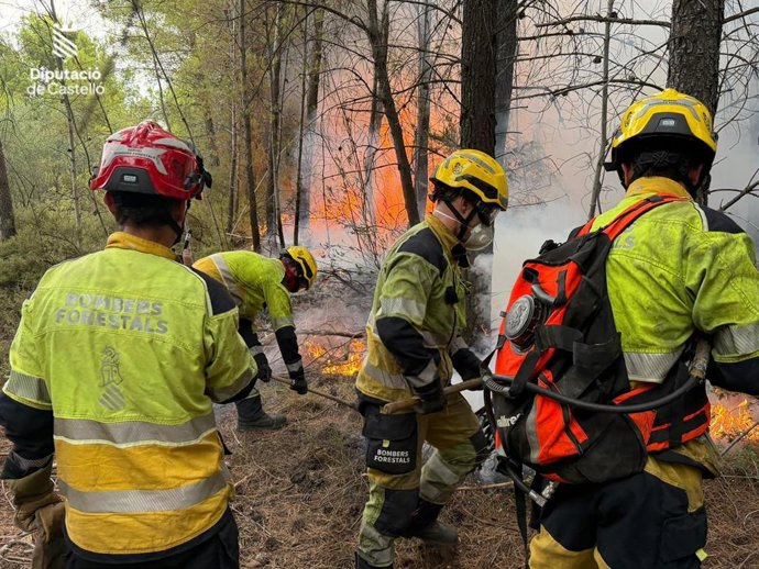 Efectivos de bomberos trabajando en uno de los incendios declarados esta jornada en la provincia de Castellón