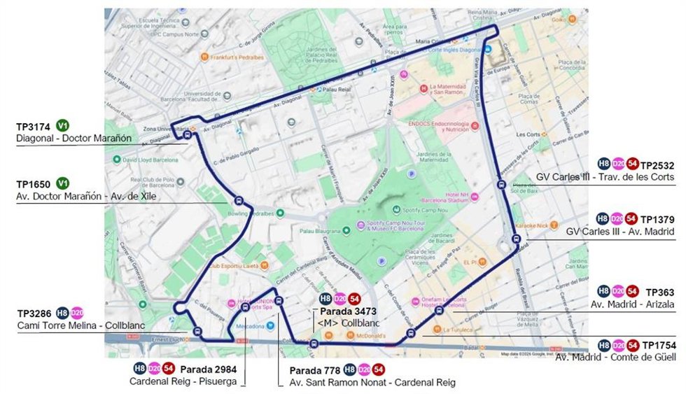 Ruta de los nuevos autobuses lanzadera que estarán operativos cuando el FC Barcelona juegue en su campo a partir de este 27 de agosto, cuando empieza la nueva temporada de fútbol.