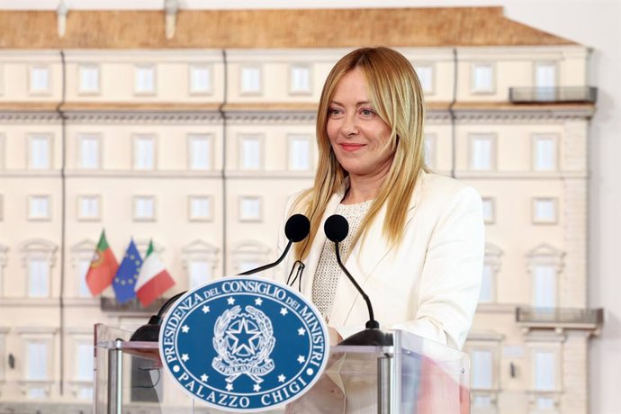 Archivo - Arquivo - 20 de julho de 2026, Roma, Itália: A primeira-ministra Giorgia Meloni é vista durante as declarações conjuntas com Luís Montenegro (fora do enquadramento). A primeira-ministra Giorgia Meloni recebeu o primeiro-ministro português Luís M