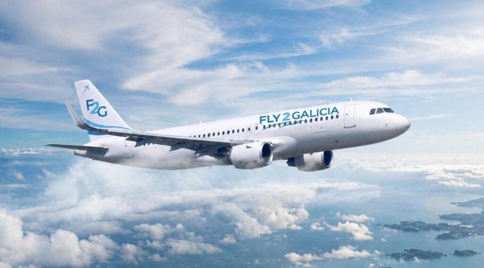 Avión de Fly2Galicia, en imagen promocional de la marca comercial de la turoperadora Aviation & Mobility Services Group S.L.