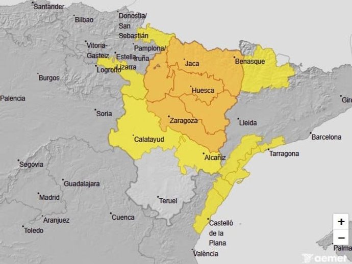Mapa de avisos por lluvias y tormentas en Aragón.
