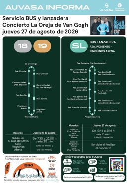 Cartel con el servicio de Auvasa para el concierto de La Oreja de Van Gogh, que se celebrará el jueves 27 de agosto en el Pingüinos Arena