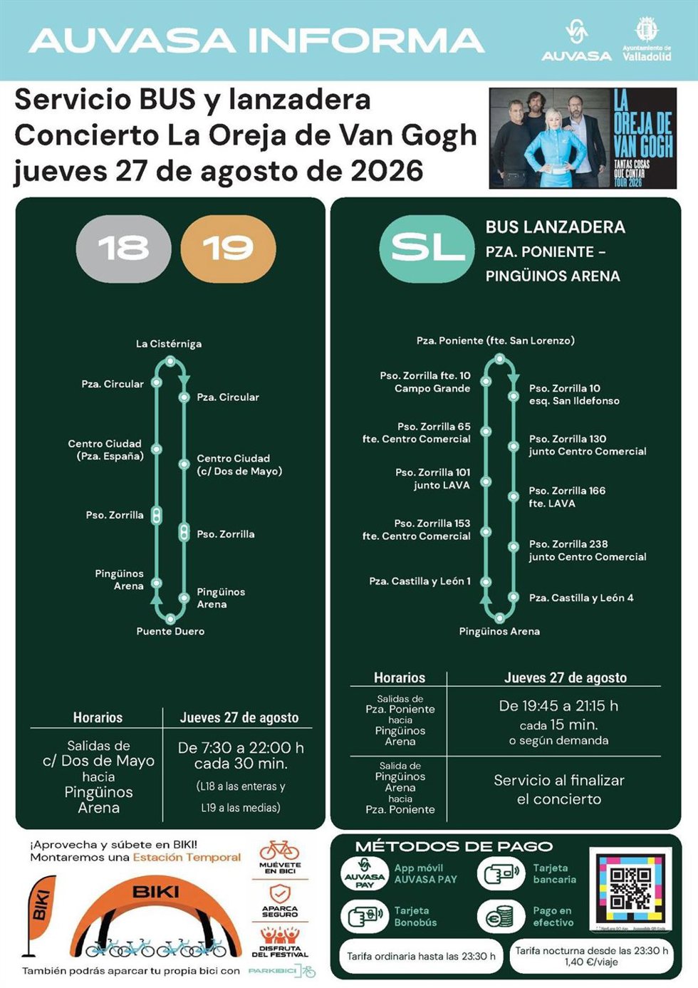 Cartel con el servicio de Auvasa para el concierto de La Oreja de Van Gogh, que se celebrará el jueves 27 de agosto en el Pingüinos Arena