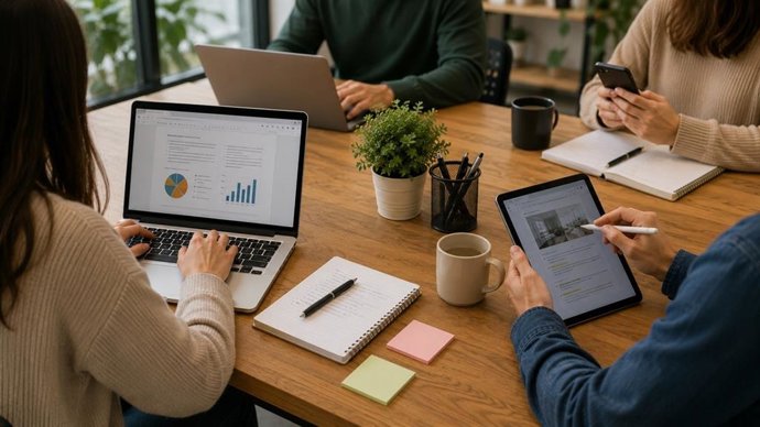 Varias personas utilizando dispositivos electrónicos.
