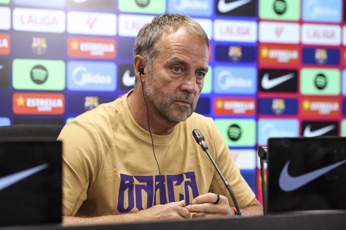Hansi Flick, head coach of FC Barcelona, attends his press conference during the training day of FC Barcelona ahead the Spanish League, LaLiga EA Sports, football match against Elche CF at Ciudad Esportiva Joan Gamper on August 22, 2026 in Sant Joan Despi