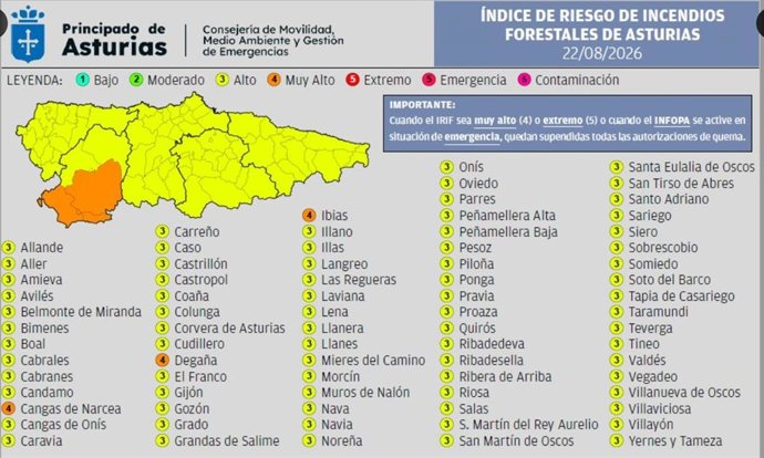 Mapa de riesgo de incendio forestal.